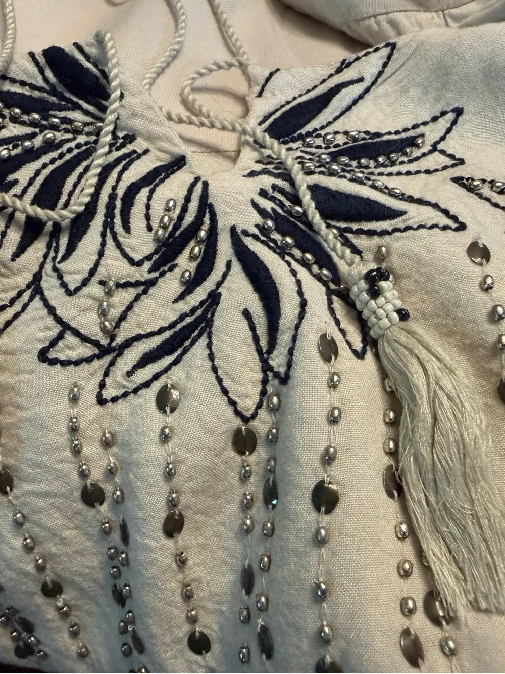 Style & Co Stone Beige & Navy Embroidered Beaded Boho Blouse 2X